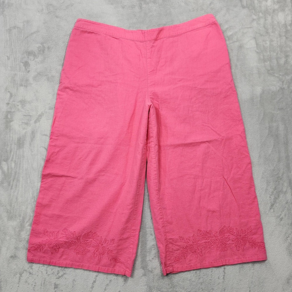 Vintage White Stag Pants Womens XL Pink Linen Crop Capri Pull On Embroidered Hem